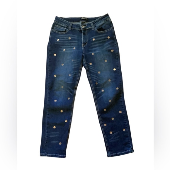 Baccini Blue Jeans with Gold Polka Dots - Picture 1 of 6